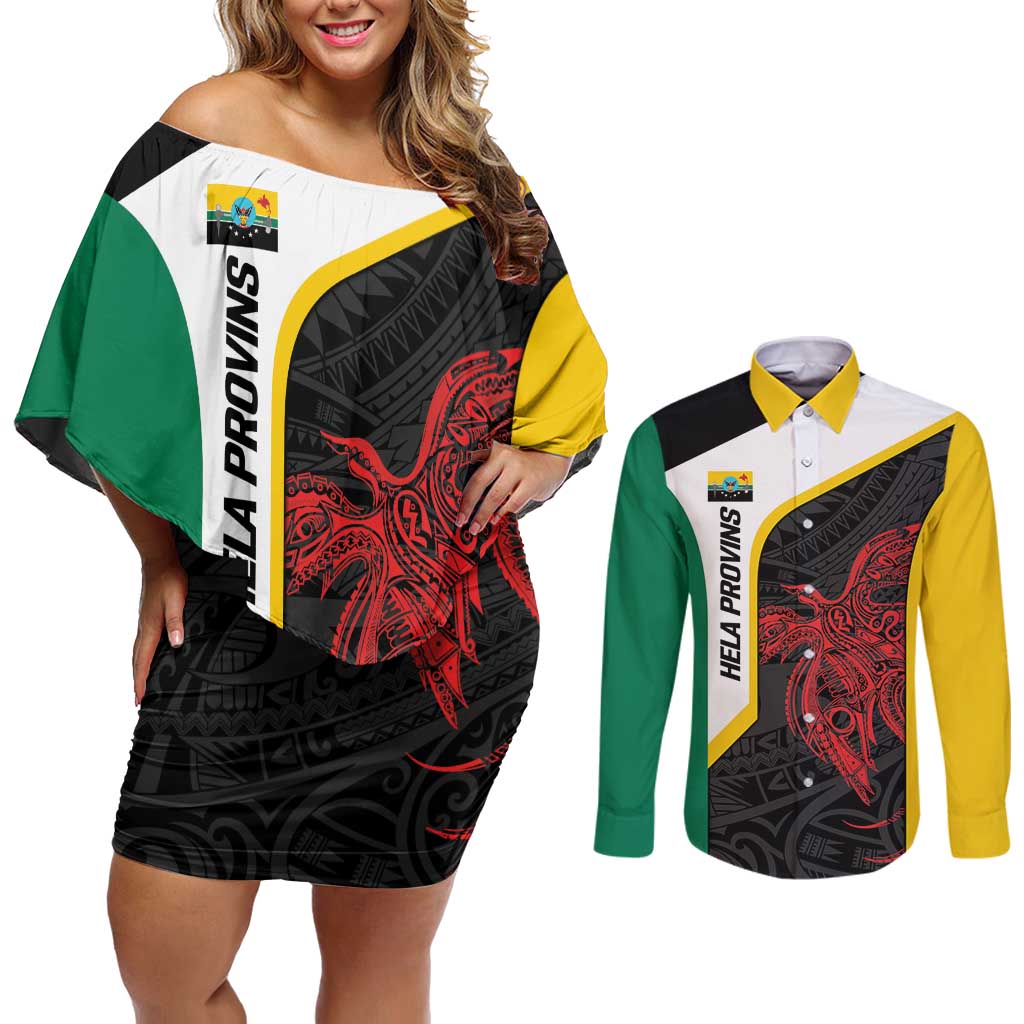 Personalised PNG Hela Province Couples Matching Off Shoulder Short Dress and Long Sleeve Button Shirt Bird of Paradise Tattoo Flag Motif - Polynesian Pride
