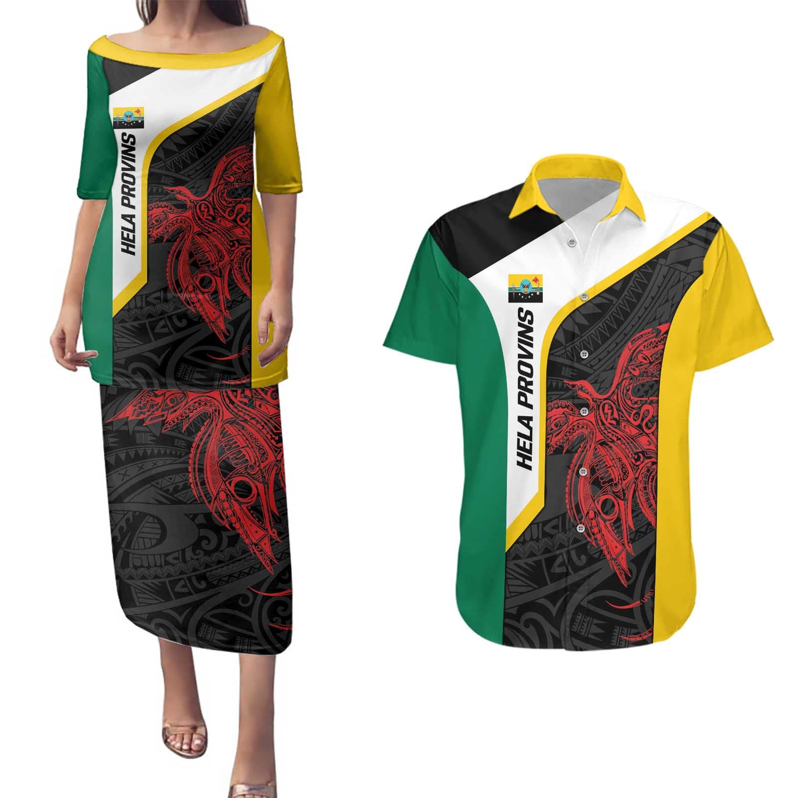 Personalised PNG Hela Province Couples Matching Puletasi and Hawaiian Shirt Bird of Paradise Tattoo Flag Motif - Polynesian Pride