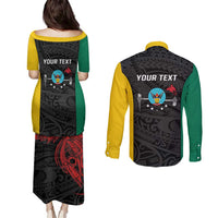 Personalised PNG Hela Province Couples Matching Puletasi and Long Sleeve Button Shirt Bird of Paradise Tattoo Flag Motif - Polynesian Pride