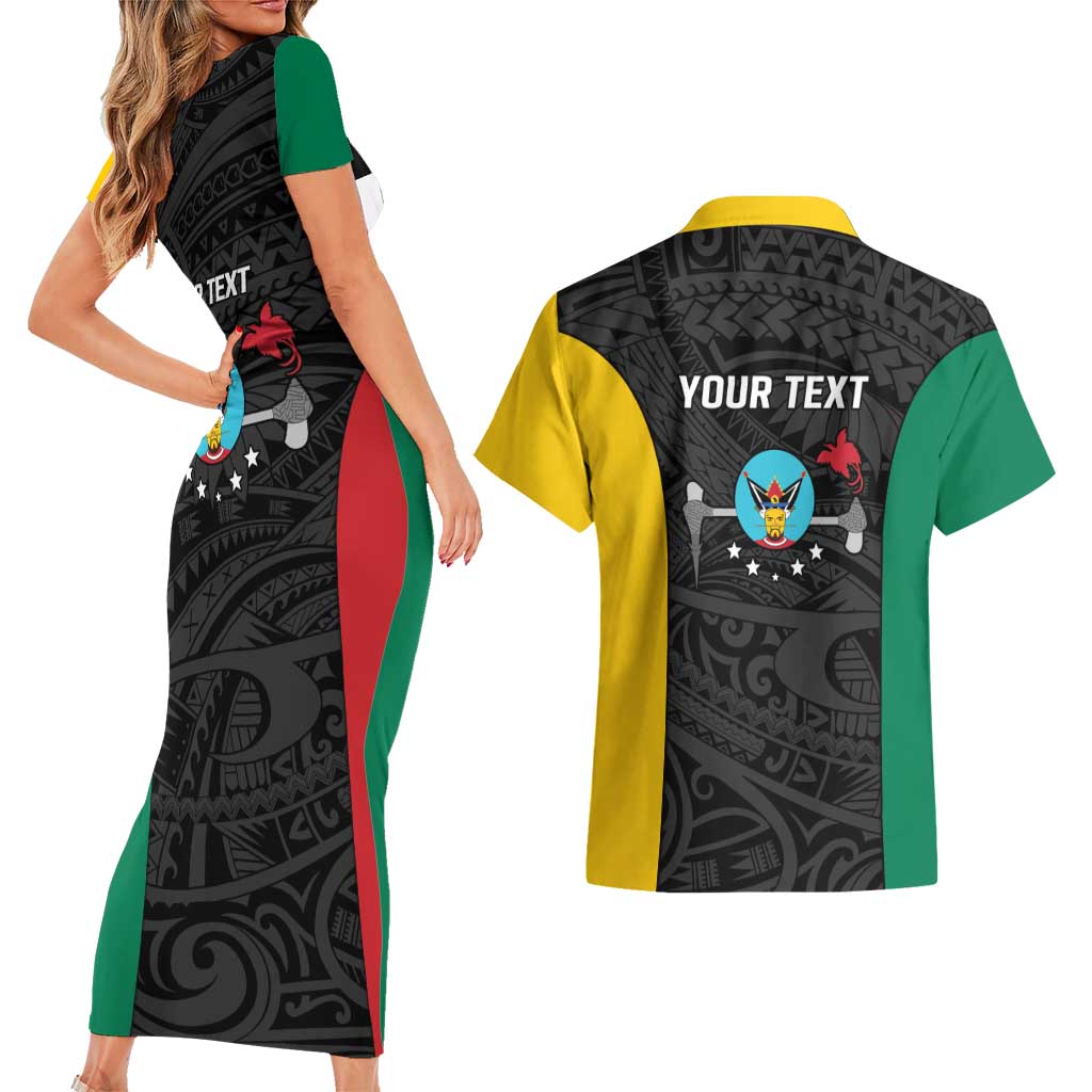Personalised PNG Hela Province Couples Matching Short Sleeve Bodycon Dress and Hawaiian Shirt Bird of Paradise Tattoo Flag Motif - Polynesian Pride