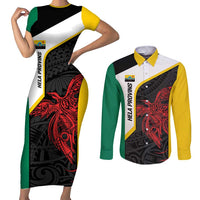 Personalised PNG Hela Province Couples Matching Short Sleeve Bodycon Dress and Long Sleeve Button Shirt Bird of Paradise Tattoo Flag Motif - Polynesian Pride
