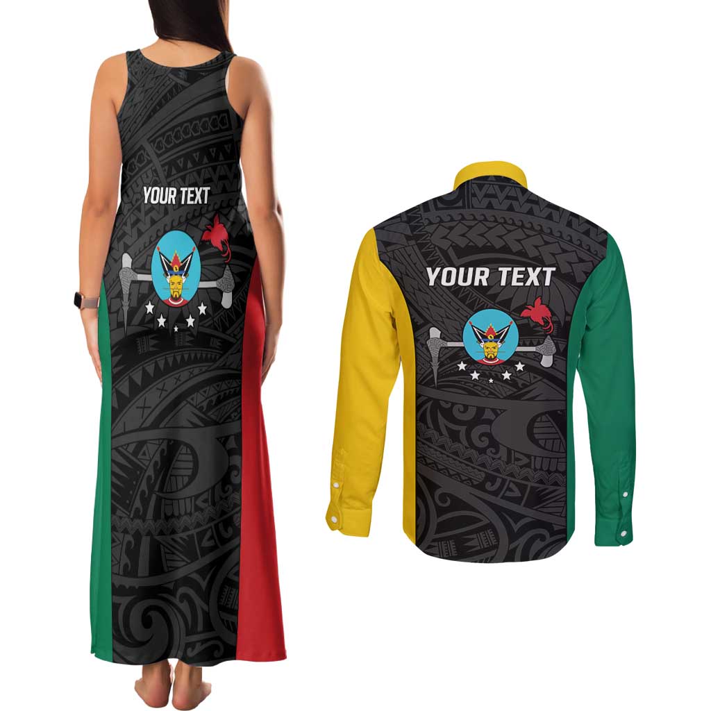 Personalised PNG Hela Province Couples Matching Tank Maxi Dress and Long Sleeve Button Shirt Bird of Paradise Tattoo Flag Motif - Polynesian Pride