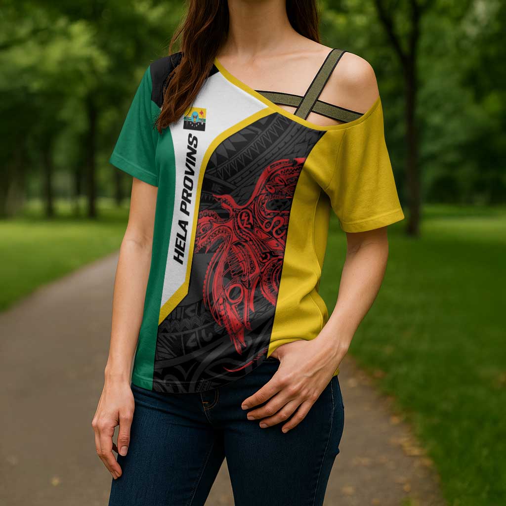 Personalised PNG Hela Province Cross Shoulder Shirt Bird of Paradise Tattoo Flag Motif - Polynesian Pride