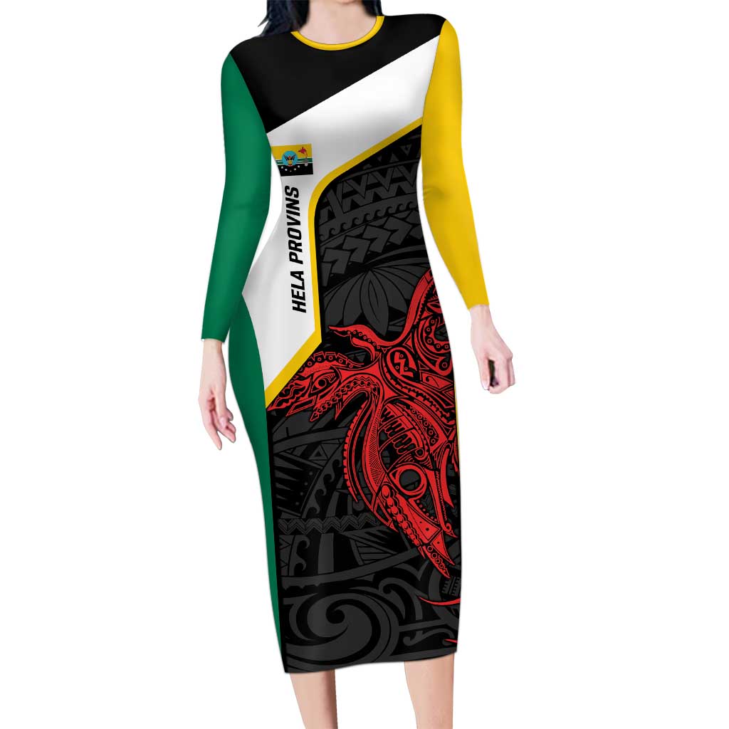 Personalised PNG Hela Province Family Matching Long Sleeve Bodycon Dress and Hawaiian Shirt Bird of Paradise Tattoo Flag Motif LT9 Mom's Dress Yellow - Polynesian Pride