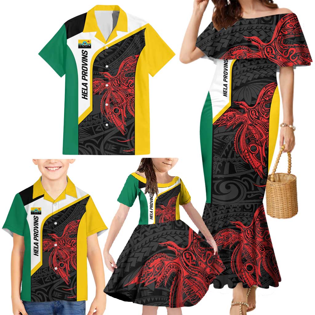 Personalised PNG Hela Province Family Matching Mermaid Dress and Hawaiian Shirt Bird of Paradise Tattoo Flag Motif - Polynesian Pride