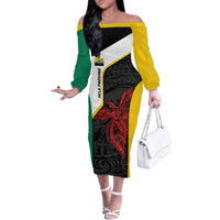 Personalised PNG Hela Province Family Matching Off The Shoulder Long Sleeve Dress and Hawaiian Shirt Bird of Paradise Tattoo Flag Motif - Polynesian Pride