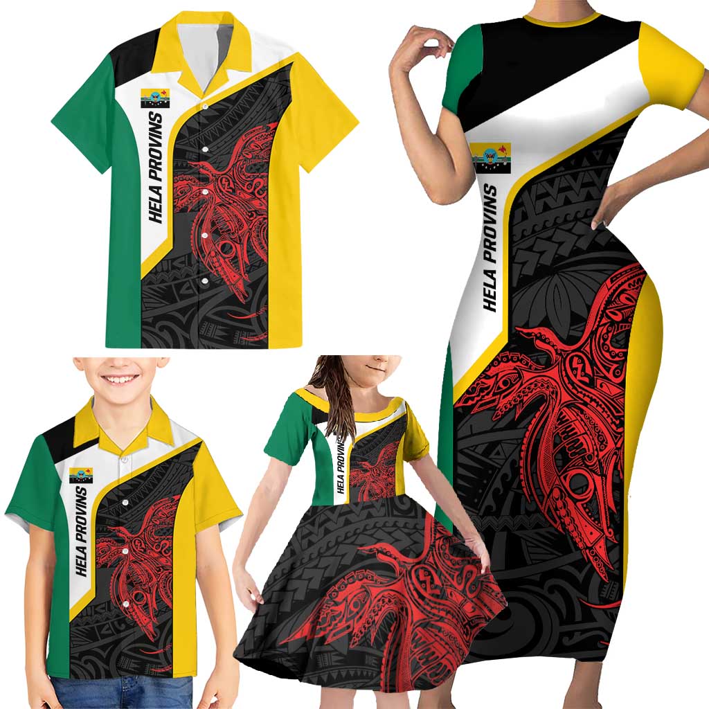 Personalised PNG Hela Province Family Matching Short Sleeve Bodycon Dress and Hawaiian Shirt Bird of Paradise Tattoo Flag Motif LT9 - Polynesian Pride