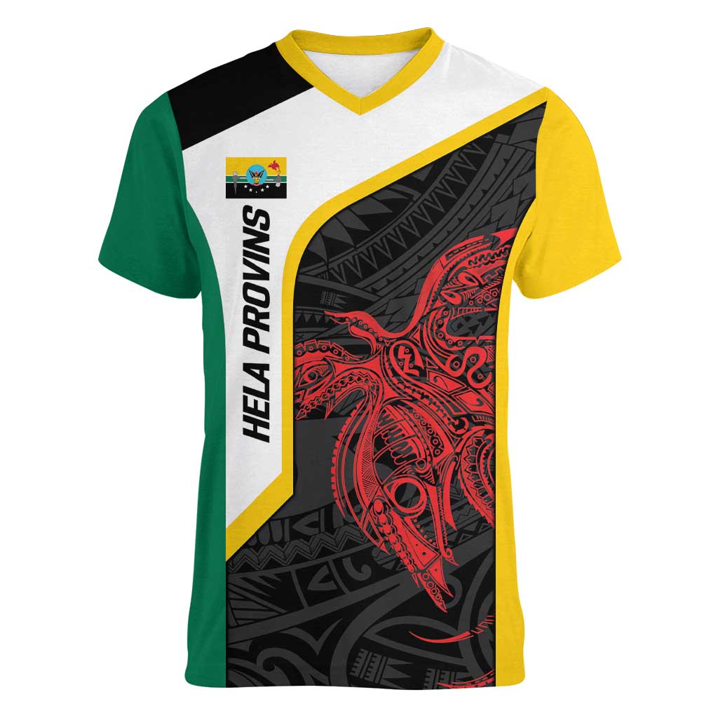 Personalised PNG Hela Province Women V-Neck T-Shirt Bird of Paradise Tattoo Flag Motif - Polynesian Pride