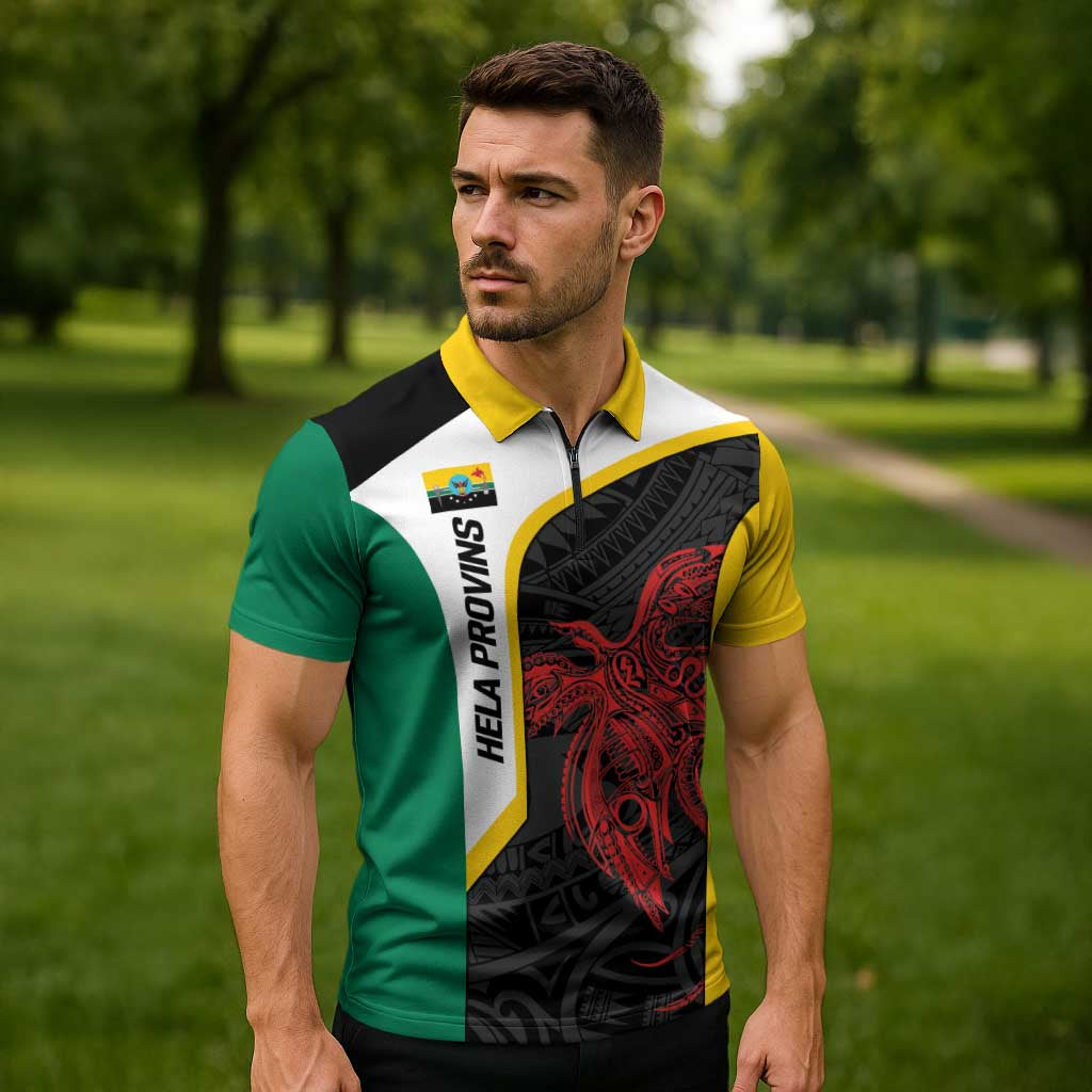 Personalised PNG Hela Province Zipper Polo Shirt Bird of Paradise Tattoo Flag Motif - Polynesian Pride