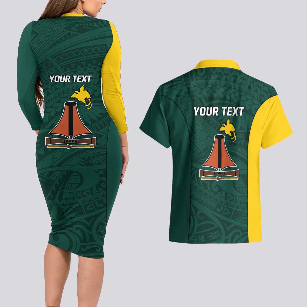 Personalised PNG Jiwaka Province Couples Matching Long Sleeve Bodycon Dress and Hawaiian Shirt Bird of Paradise Tattoo Flag Motif - Polynesian Pride