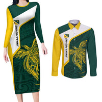 Personalised PNG Jiwaka Province Couples Matching Long Sleeve Bodycon Dress and Long Sleeve Button Shirt Bird of Paradise Tattoo Flag Motif - Polynesian Pride