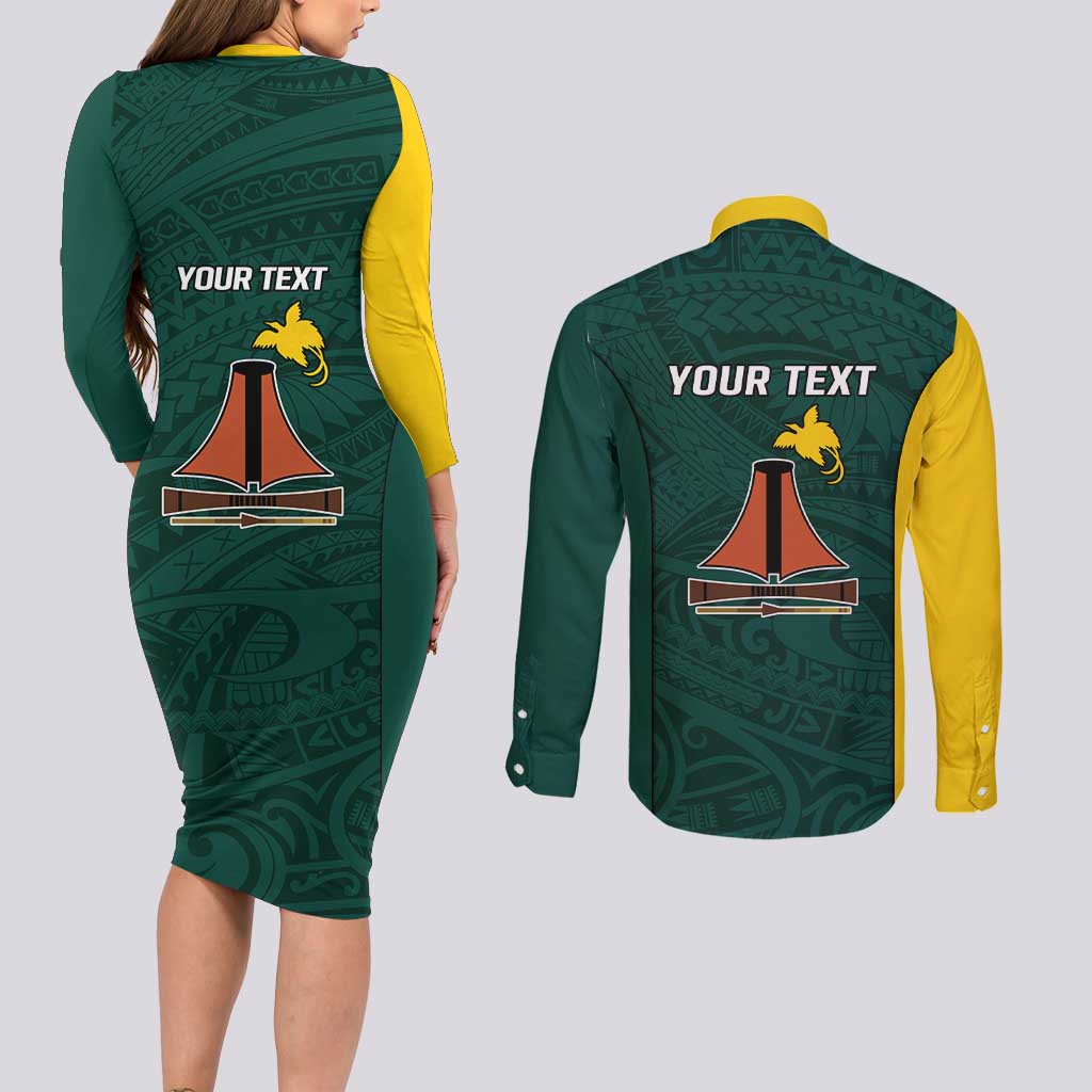 Personalised PNG Jiwaka Province Couples Matching Long Sleeve Bodycon Dress and Long Sleeve Button Shirt Bird of Paradise Tattoo Flag Motif - Polynesian Pride