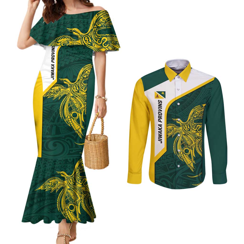 Personalised PNG Jiwaka Province Couples Matching Mermaid Dress and Long Sleeve Button Shirt Bird of Paradise Tattoo Flag Motif - Polynesian Pride