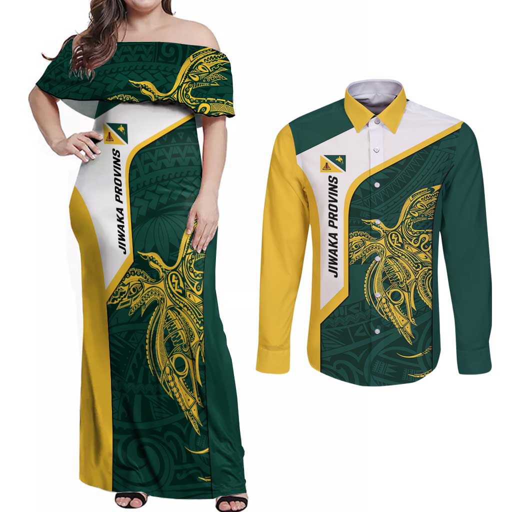 Personalised PNG Jiwaka Province Couples Matching Off Shoulder Maxi Dress and Long Sleeve Button Shirt Bird of Paradise Tattoo Flag Motif - Polynesian Pride