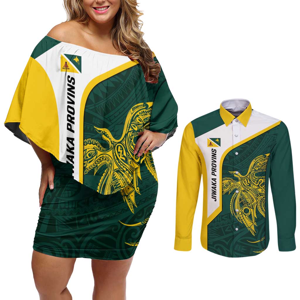 Personalised PNG Jiwaka Province Couples Matching Off Shoulder Short Dress and Long Sleeve Button Shirt Bird of Paradise Tattoo Flag Motif - Polynesian Pride