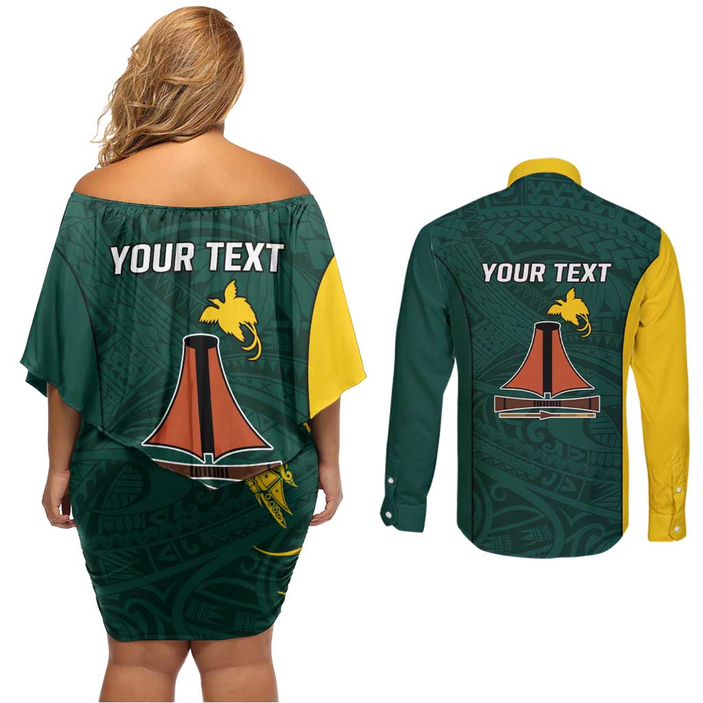 Personalised PNG Jiwaka Province Couples Matching Off Shoulder Short Dress and Long Sleeve Button Shirt Bird of Paradise Tattoo Flag Motif - Polynesian Pride