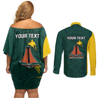 Personalised PNG Jiwaka Province Couples Matching Off Shoulder Short Dress and Long Sleeve Button Shirt Bird of Paradise Tattoo Flag Motif - Polynesian Pride