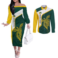 Personalised PNG Jiwaka Province Couples Matching Off The Shoulder Long Sleeve Dress and Long Sleeve Button Shirt Bird of Paradise Tattoo Flag Motif - Polynesian Pride