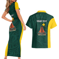 Personalised PNG Jiwaka Province Couples Matching Short Sleeve Bodycon Dress and Hawaiian Shirt Bird of Paradise Tattoo Flag Motif - Polynesian Pride