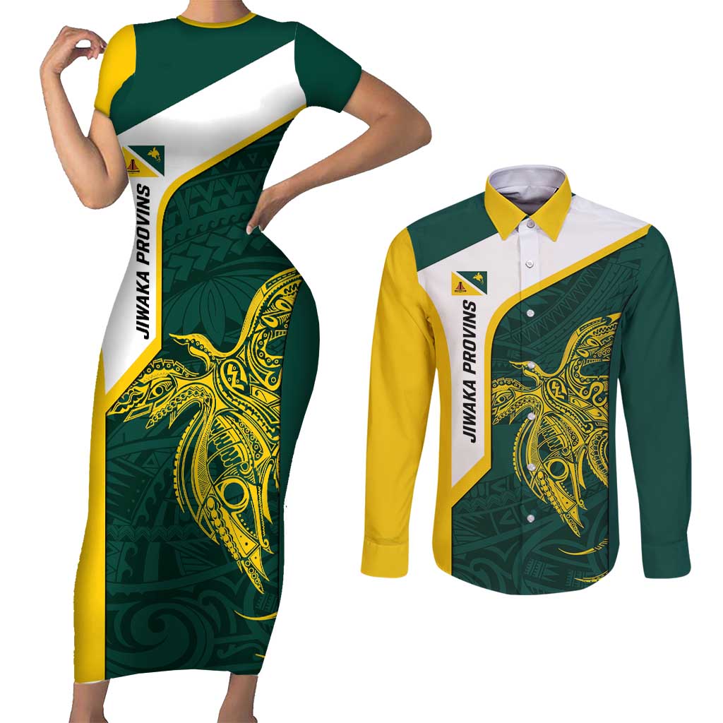 Personalised PNG Jiwaka Province Couples Matching Short Sleeve Bodycon Dress and Long Sleeve Button Shirt Bird of Paradise Tattoo Flag Motif - Polynesian Pride