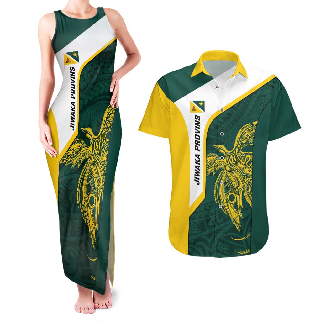Personalised PNG Jiwaka Province Couples Matching Tank Maxi Dress and Hawaiian Shirt Bird of Paradise Tattoo Flag Motif - Polynesian Pride