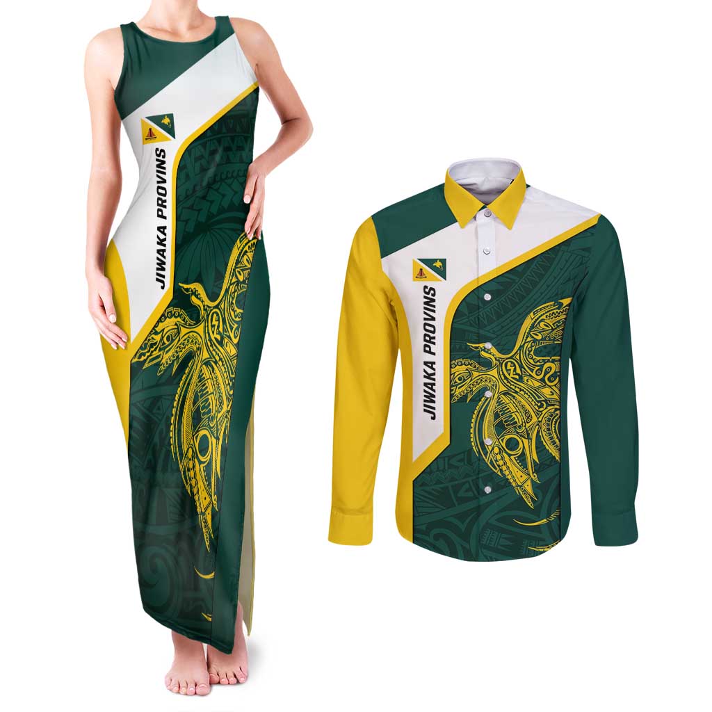 Personalised PNG Jiwaka Province Couples Matching Tank Maxi Dress and Long Sleeve Button Shirt Bird of Paradise Tattoo Flag Motif - Polynesian Pride