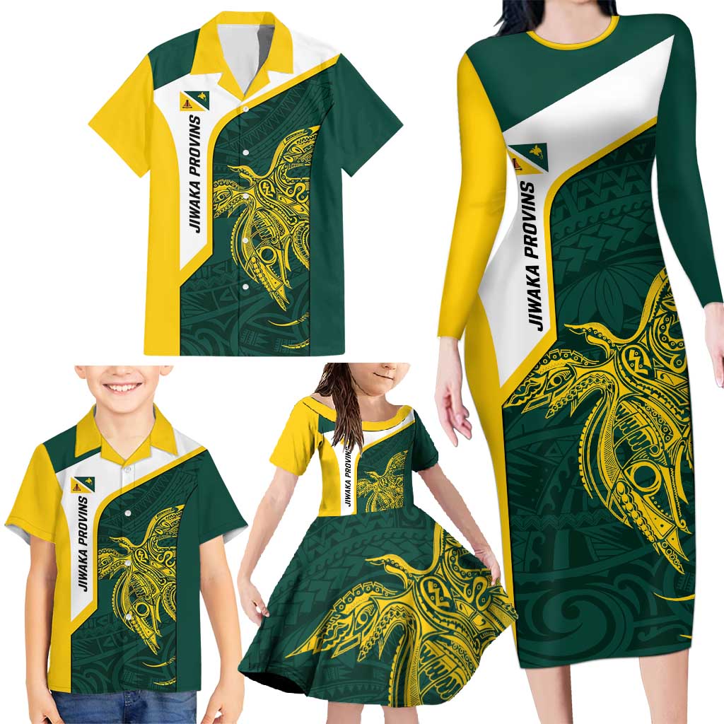 Personalised PNG Jiwaka Province Family Matching Long Sleeve Bodycon Dress and Hawaiian Shirt Bird of Paradise Tattoo Flag Motif - Polynesian Pride