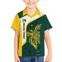 Personalised PNG Jiwaka Province Family Matching Long Sleeve Bodycon Dress and Hawaiian Shirt Bird of Paradise Tattoo Flag Motif LT9 Son's Shirt Green - Polynesian Pride