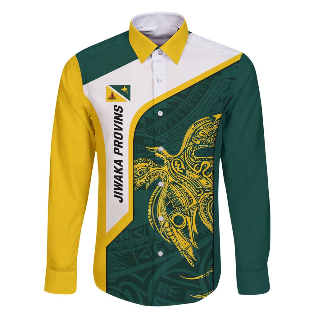 Personalised PNG Jiwaka Province Family Matching Mermaid Dress and Hawaiian Shirt Bird of Paradise Tattoo Flag Motif LT9 Dad's Shirt - Long Sleeve Green - Polynesian Pride