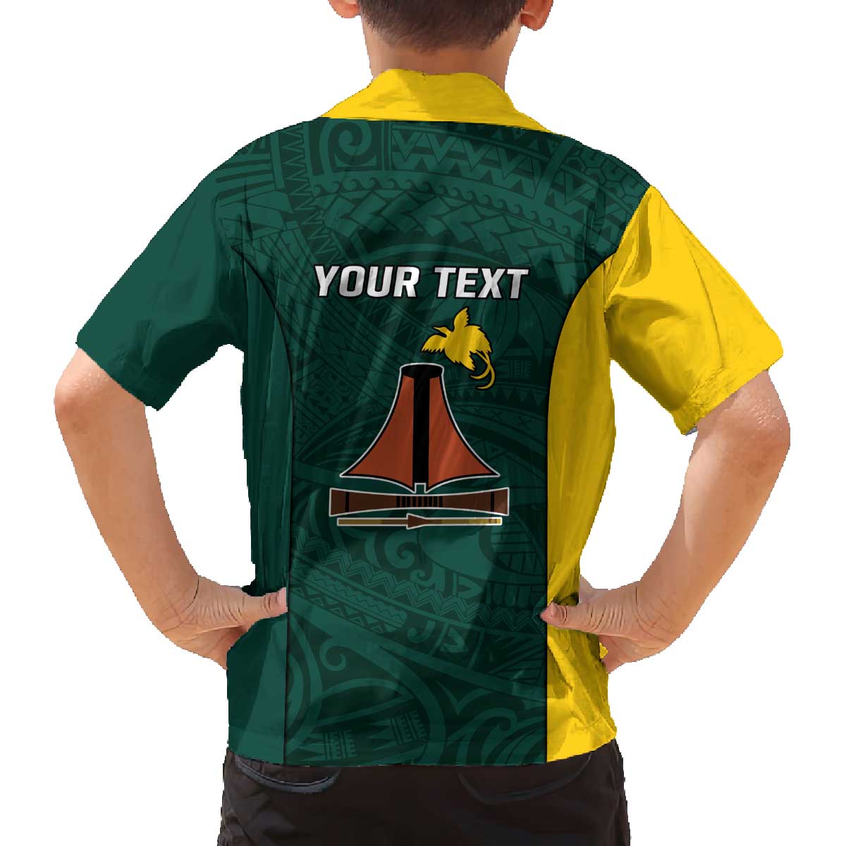 Personalised PNG Jiwaka Province Family Matching Off The Shoulder Long Sleeve Dress and Hawaiian Shirt Bird of Paradise Tattoo Flag Motif - Polynesian Pride