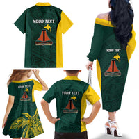 Personalised PNG Jiwaka Province Family Matching Off The Shoulder Long Sleeve Dress and Hawaiian Shirt Bird of Paradise Tattoo Flag Motif - Polynesian Pride