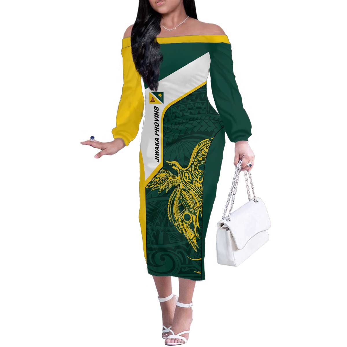 Personalised PNG Jiwaka Province Family Matching Off The Shoulder Long Sleeve Dress and Hawaiian Shirt Bird of Paradise Tattoo Flag Motif - Polynesian Pride