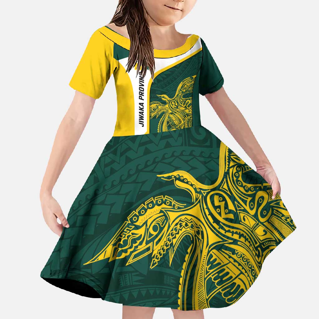 Personalised PNG Jiwaka Province Family Matching Short Sleeve Bodycon Dress and Hawaiian Shirt Bird of Paradise Tattoo Flag Motif LT9 Daughter's Dress Green - Polynesian Pride