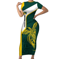 Personalised PNG Jiwaka Province Family Matching Short Sleeve Bodycon Dress and Hawaiian Shirt Bird of Paradise Tattoo Flag Motif LT9 Mom's Dress Green - Polynesian Pride