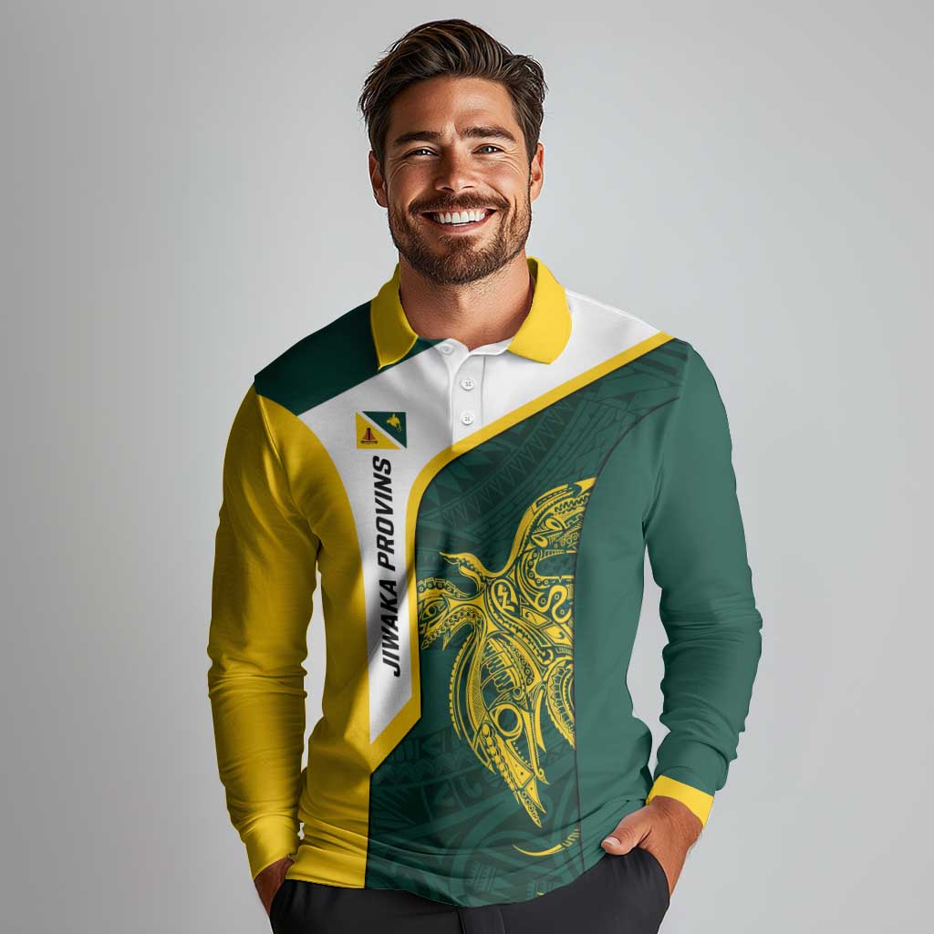 Personalised PNG Jiwaka Province Long Sleeve Polo Shirt Bird of Paradise Tattoo Flag Motif - Polynesian Pride