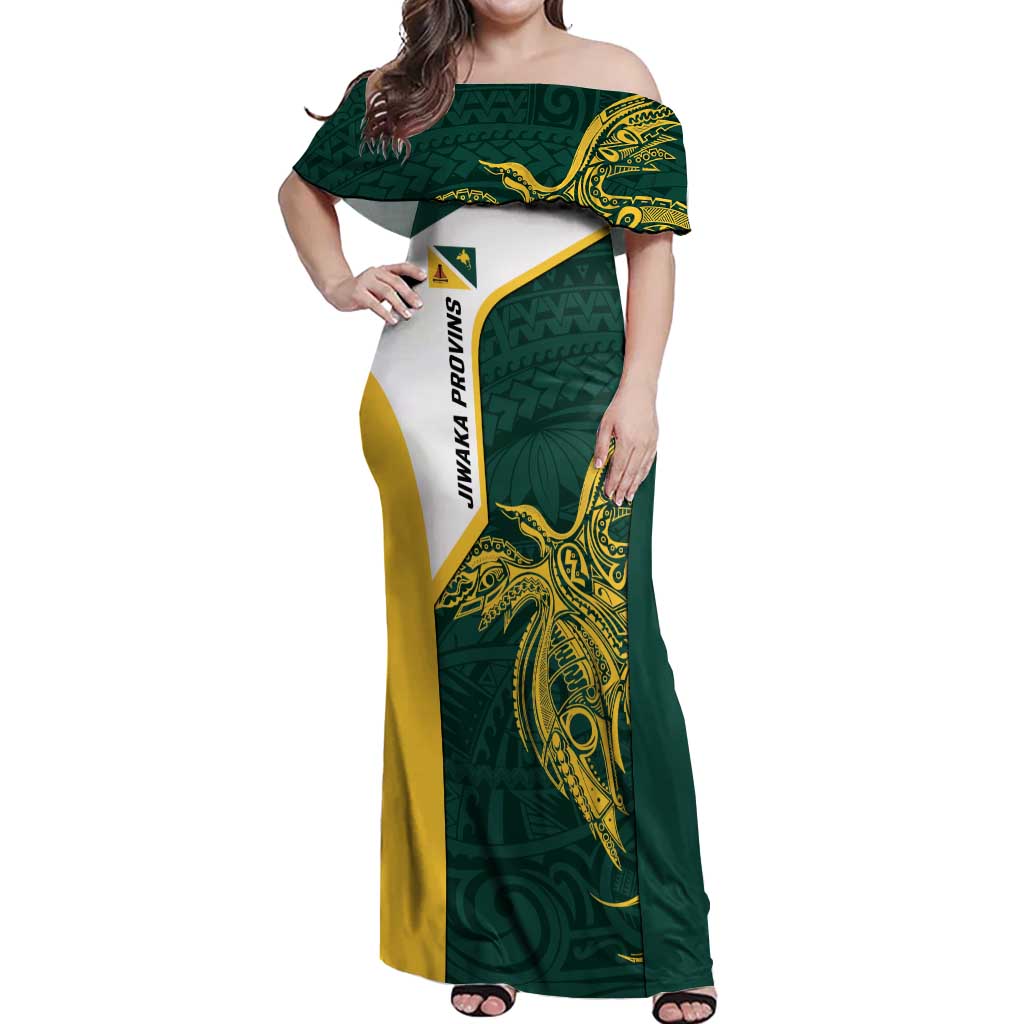 Personalised PNG Jiwaka Province Off Shoulder Maxi Dress Bird of Paradise Tattoo Flag Motif - Polynesian Pride