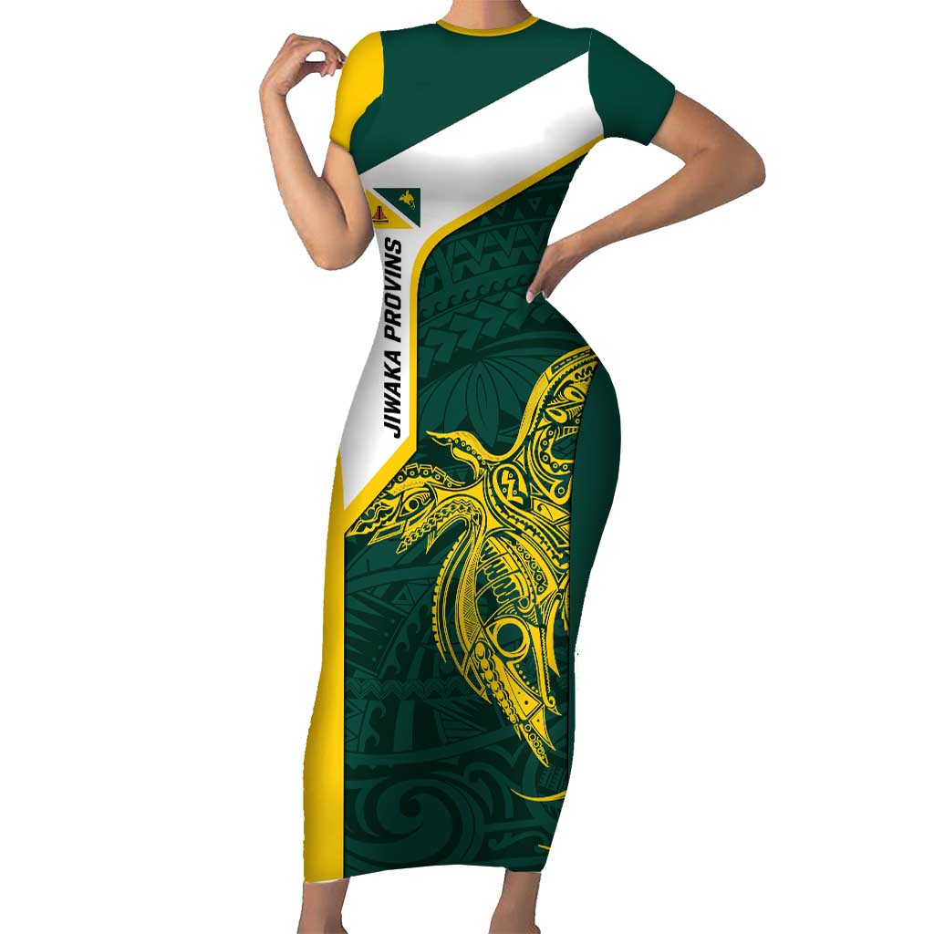 Personalised PNG Jiwaka Province Short Sleeve Bodycon Dress Bird of Paradise Tattoo Flag Motif LT9 Long Dress Green - Polynesian Pride