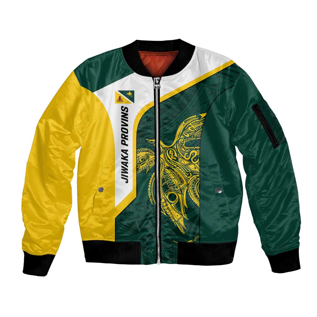 Personalised PNG Jiwaka Province Sleeve Zip Bomber Jacket Bird of Paradise Tattoo Flag Motif LT9 Unisex Green - Polynesian Pride