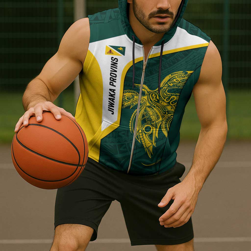 Personalised PNG Jiwaka Province Sleeveless Zip Hoodie Bird of Paradise Tattoo Flag Motif - Polynesian Pride