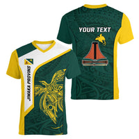 Personalised PNG Jiwaka Province Women V-Neck T-Shirt Bird of Paradise Tattoo Flag Motif - Polynesian Pride