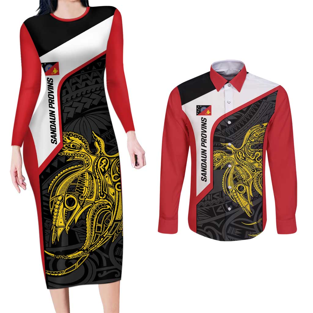 Personalised PNG Sandaun Province Couples Matching Long Sleeve Bodycon Dress and Long Sleeve Button Shirt Bird of Paradise Tattoo Flag Motif - Polynesian Pride
