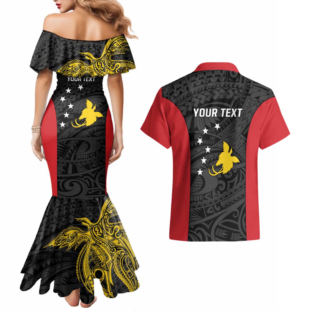 Personalised PNG Sandaun Province Couples Matching Mermaid Dress and Hawaiian Shirt Bird of Paradise Tattoo Flag Motif - Polynesian Pride