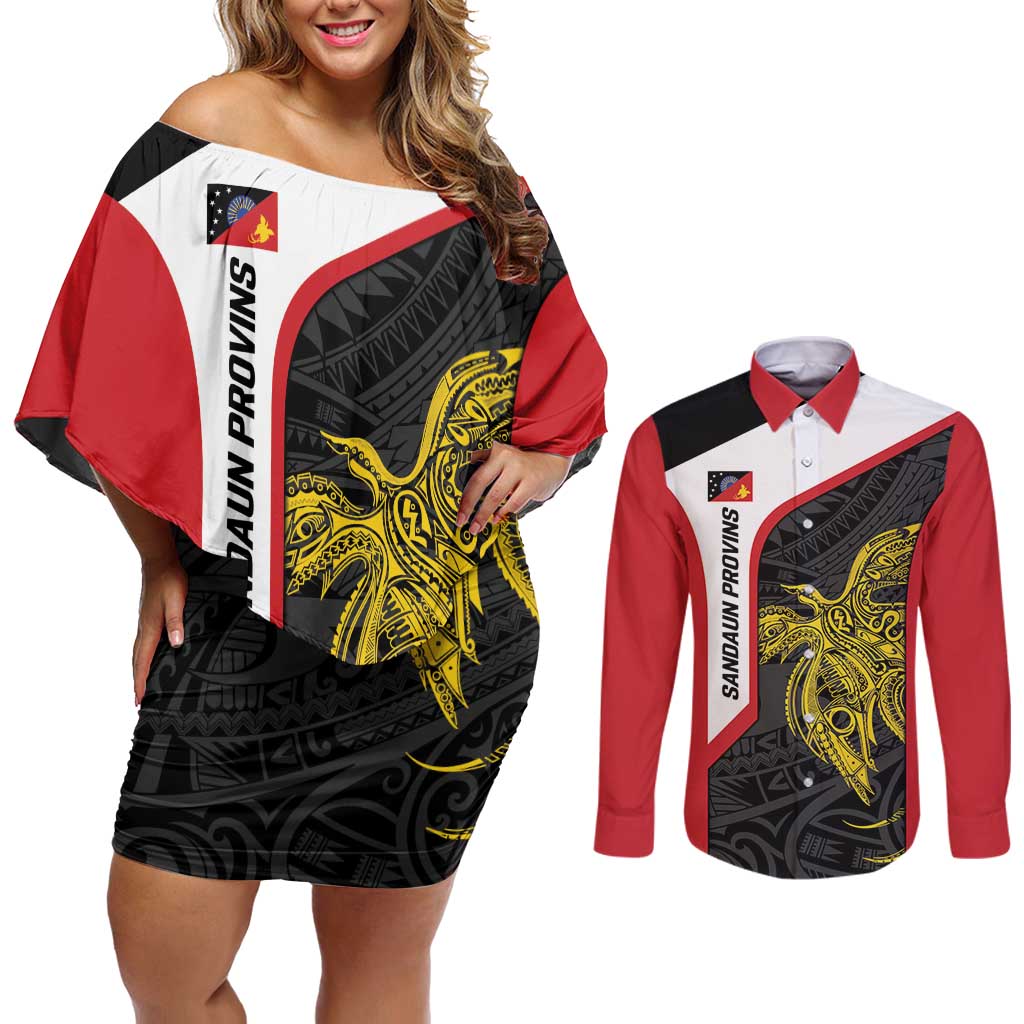Personalised PNG Sandaun Province Couples Matching Off Shoulder Short Dress and Long Sleeve Button Shirt Bird of Paradise Tattoo Flag Motif - Polynesian Pride