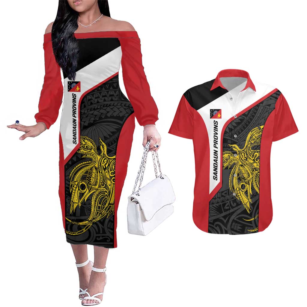 Personalised PNG Sandaun Province Couples Matching Off The Shoulder Long Sleeve Dress and Hawaiian Shirt Bird of Paradise Tattoo Flag Motif - Polynesian Pride