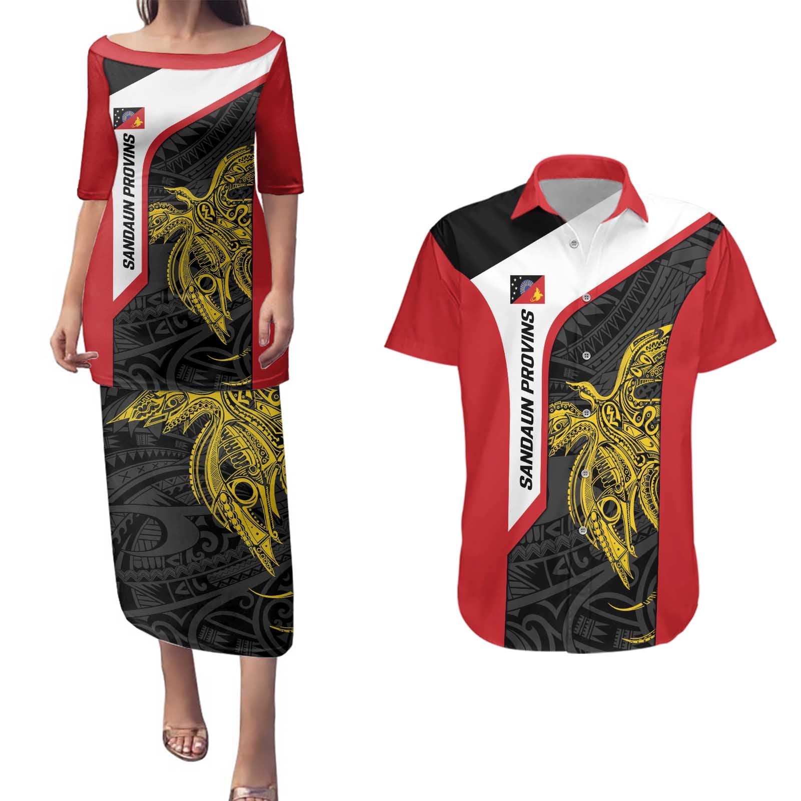 Personalised PNG Sandaun Province Couples Matching Puletasi and Hawaiian Shirt Bird of Paradise Tattoo Flag Motif - Polynesian Pride