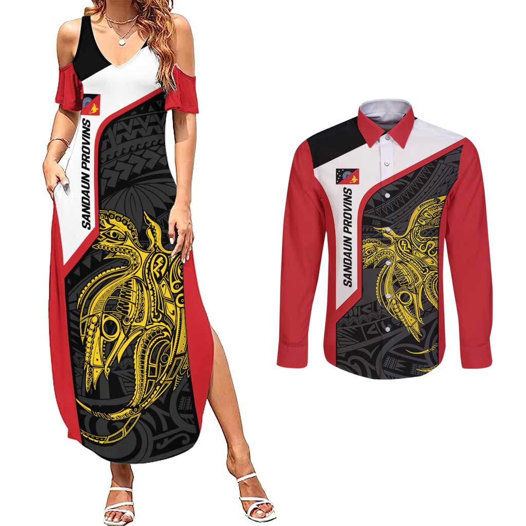 Personalised PNG Sandaun Province Couples Matching Summer Maxi Dress and Long Sleeve Button Shirt Bird of Paradise Tattoo Flag Motif - Polynesian Pride