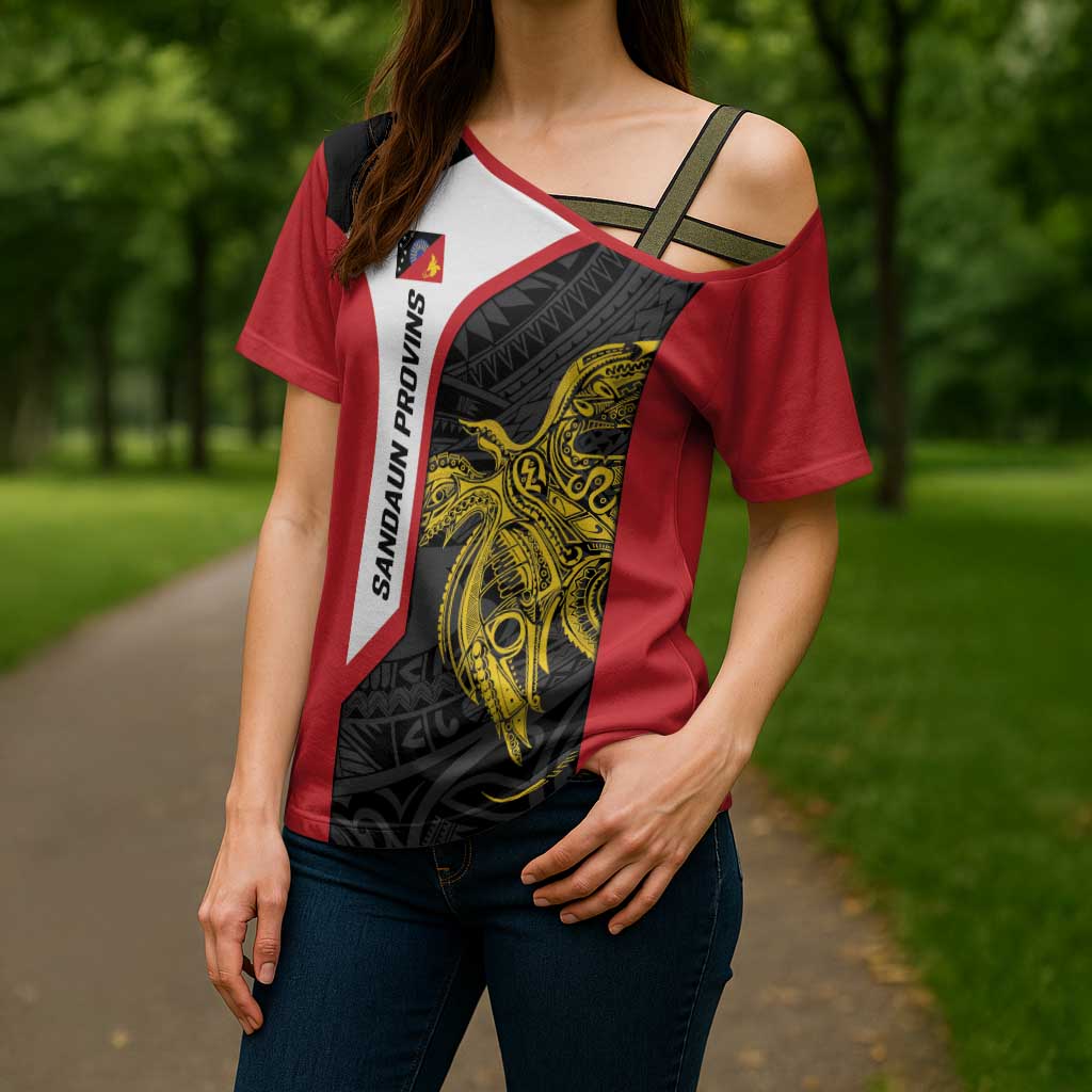 Personalised PNG Sandaun Province Cross Shoulder Shirt Bird of Paradise Tattoo Flag Motif - Polynesian Pride