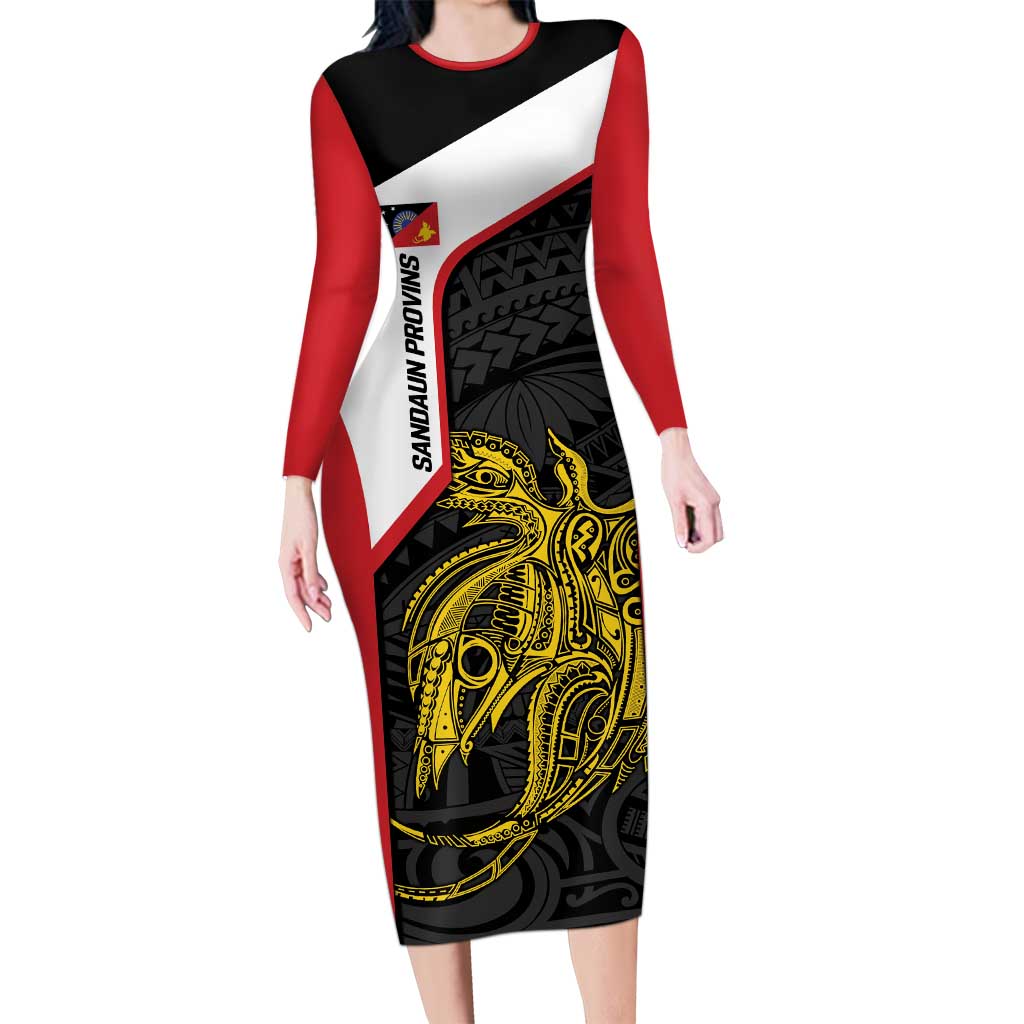 Personalised PNG Sandaun Province Family Matching Long Sleeve Bodycon Dress and Hawaiian Shirt Bird of Paradise Tattoo Flag Motif LT9 Mom's Dress Red - Polynesian Pride