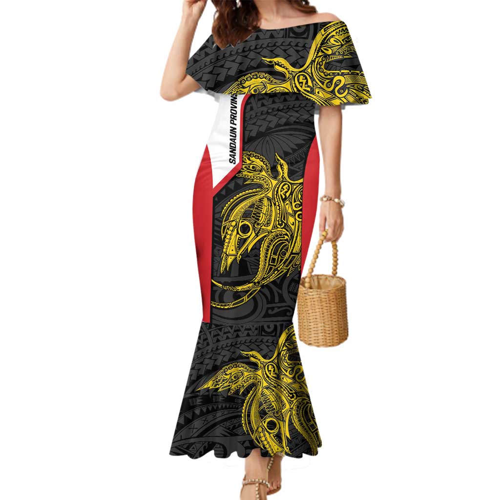 Personalised PNG Sandaun Province Family Matching Mermaid Dress and Hawaiian Shirt Bird of Paradise Tattoo Flag Motif LT9 Mom's Dress Red - Polynesian Pride