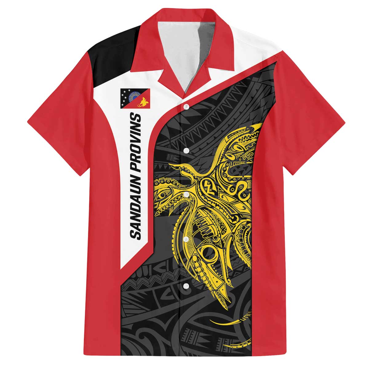 Personalised PNG Sandaun Province Family Matching Off The Shoulder Long Sleeve Dress and Hawaiian Shirt Bird of Paradise Tattoo Flag Motif - Polynesian Pride